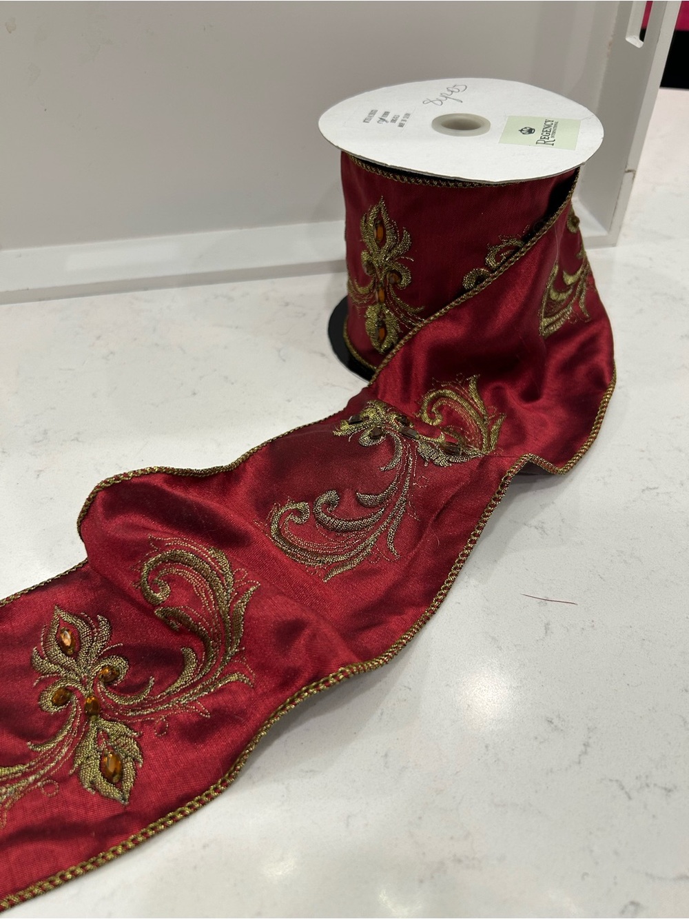 Festive Red and Gold Embroidered Holiday Ribbon